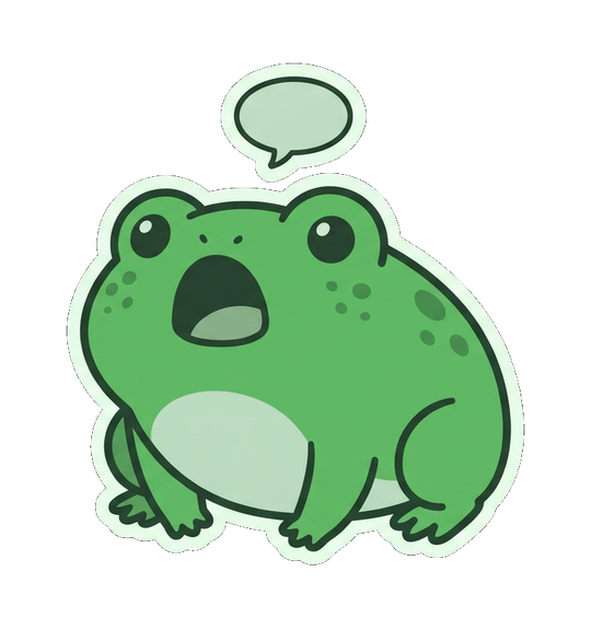 Riby the frog mid-croak, a small speech bubble above its head.