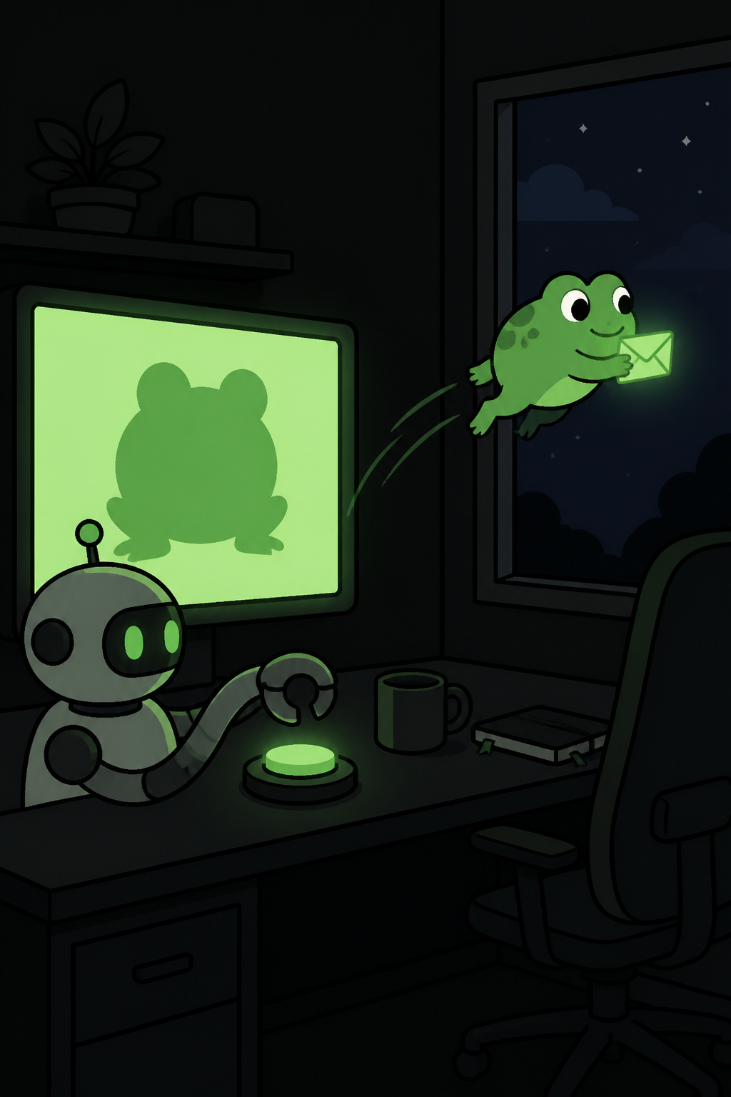 A dark room at night: a glowing terminal on a desk, a small robot arm paused mid-action beside it.