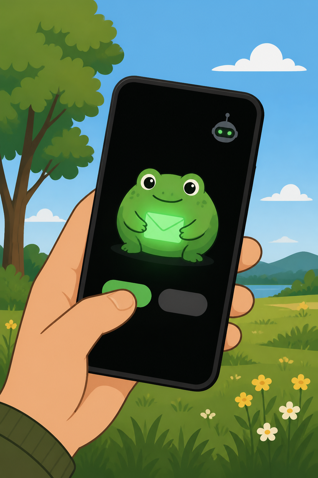 A hand holding a phone outdoors on sunlit grass; the screen shows a small green frog icon and two answer buttons.