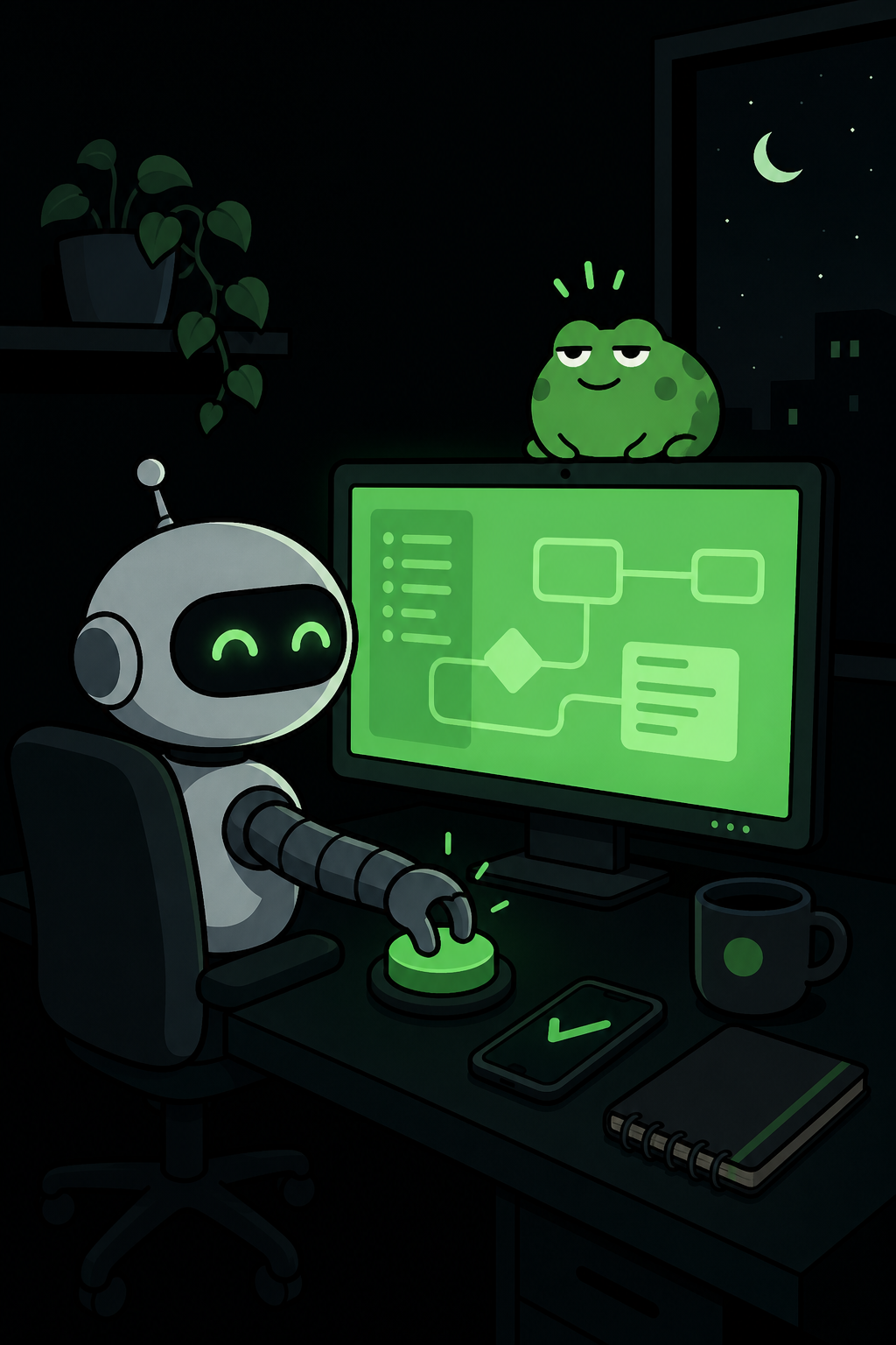 The same dark room, now active: the robot arm working again and a small green frog sitting content on top of the monitor.